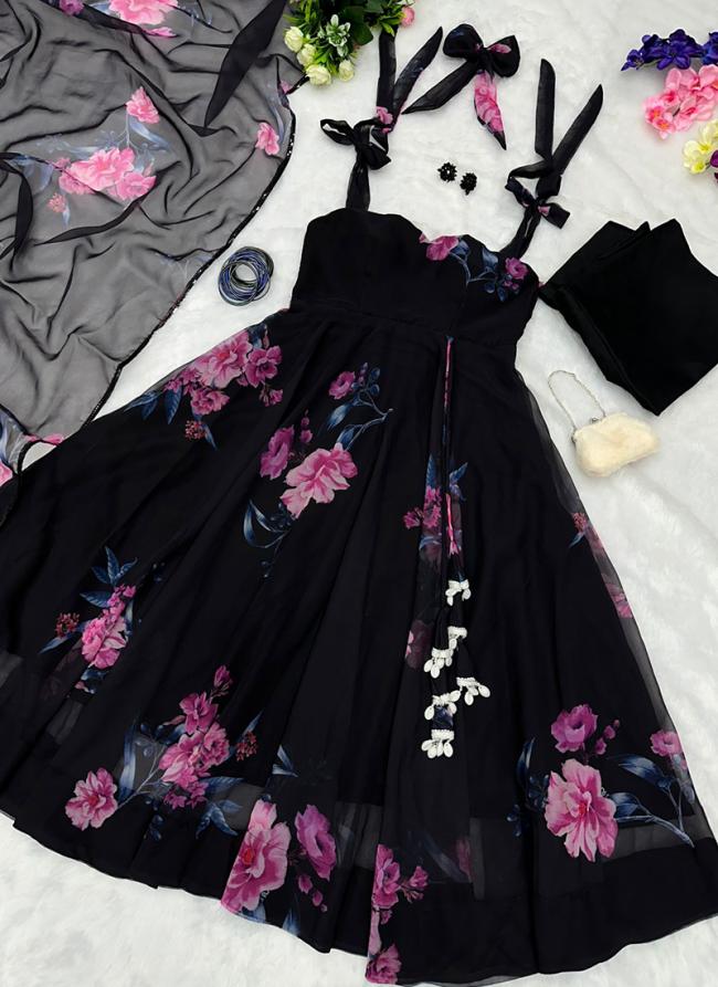 Black Georgette Festival Wear Digital Printed Gown With Dupatta